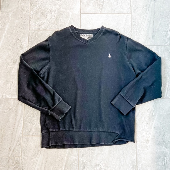 Volcom Black V Neck Asymmetrical Hem Graphic Logo Long Sleeve Sweater XL - Picture 4 of 8